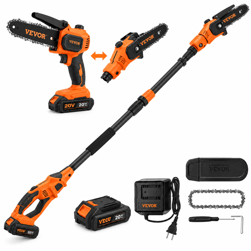 VEVOR 2-in-1 Cordless Pole Saw & Mini Chainsaw, 20V 2Ah Battery Pole