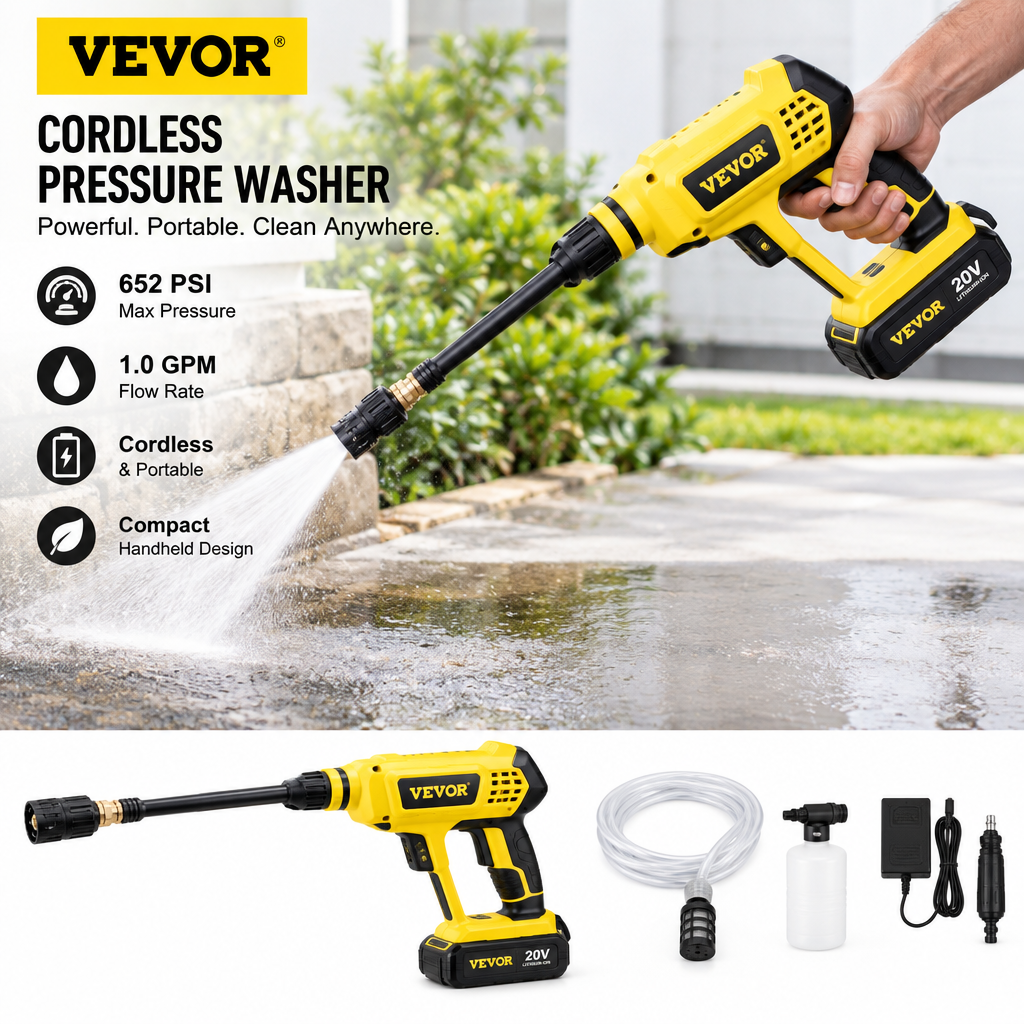 VEVOR Cordless Pressure Washer, 652-PSI 1.0 GPM Portable Power